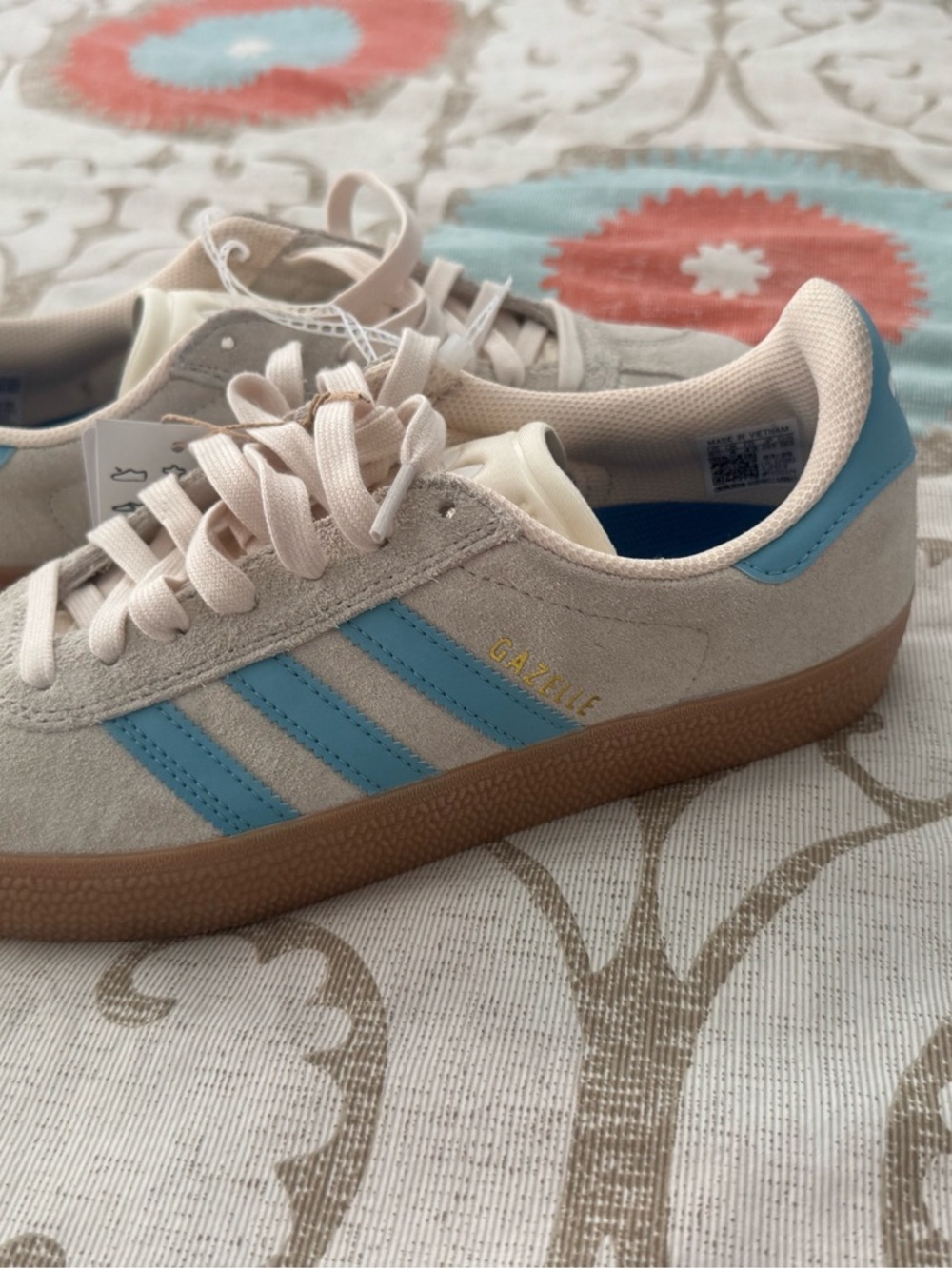 adidas Gazelle Suede Sneakers in Beige & Light Blue